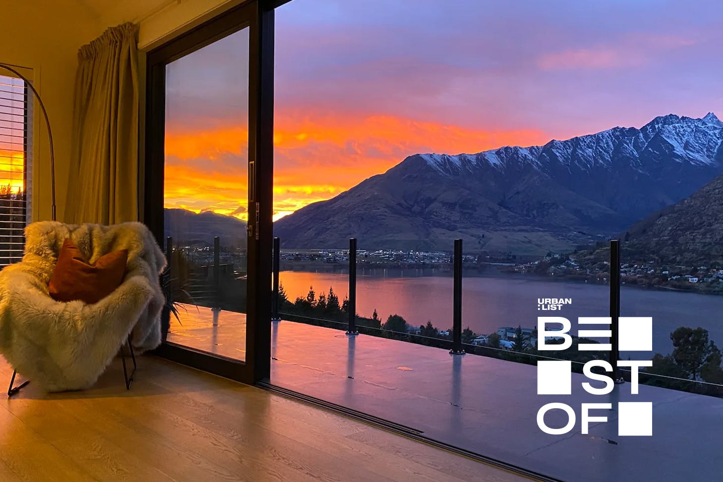 Ataahua penthouse in the south island is seen at dawn. This is one of the best fireplace airbnbs in New Zealand.